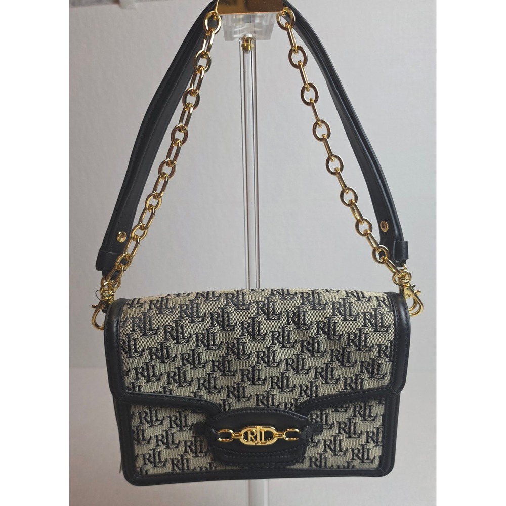 Lauren Ralph Lauren Monogram Jacquard Shoulder Bag Navy Black Gold NWT